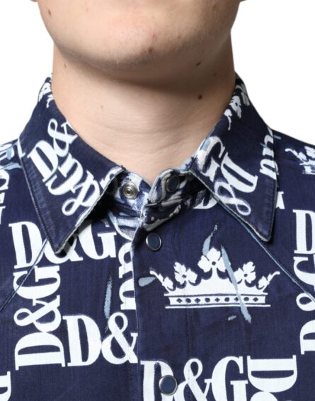 Blue Crown Logo Print Slim Fit Cotton Shirt - Image 5