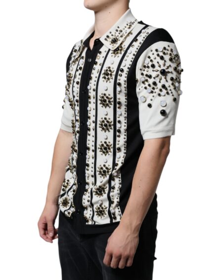White Black Silk Studded Stone Crystal Shirt - Image 3