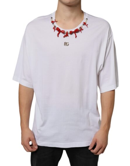 White Cotton Necklace Embellished T-shirt - Image 2