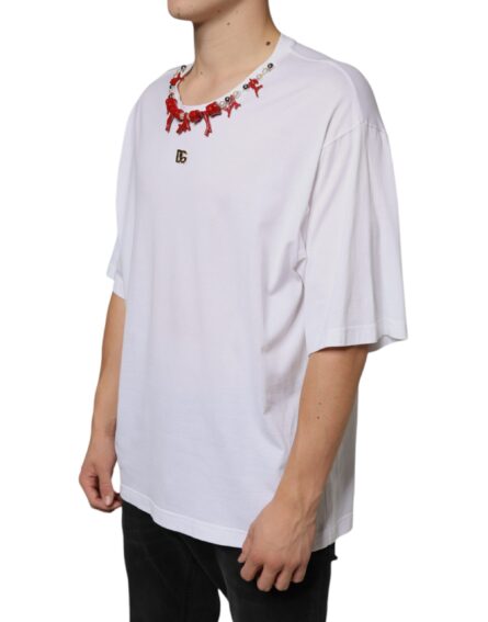White Cotton Necklace Embellished T-shirt - Image 3