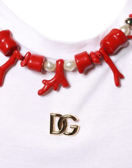 White Cotton Necklace Embellished T-shirt - Image 5
