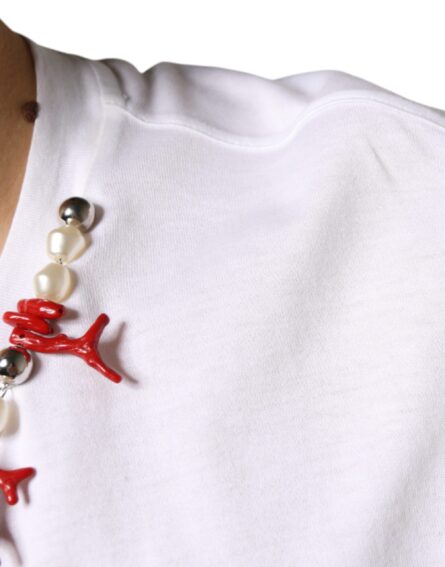 White Cotton Necklace Embellished T-shirt - Image 6