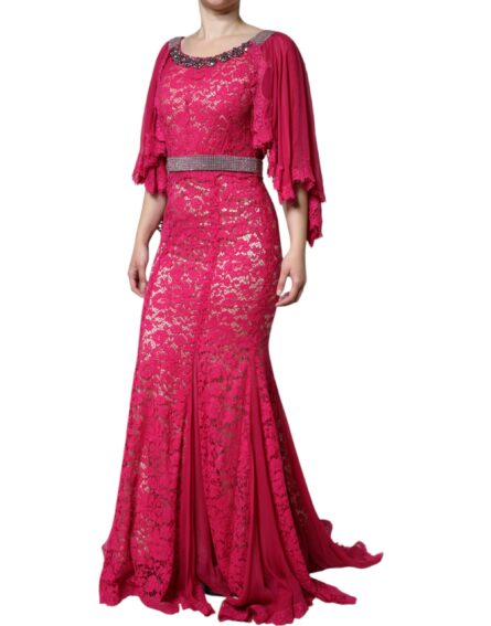 Pink Lace Crystal Sheath Long Gown Dress - Image 3
