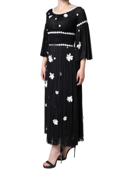 Black Silk Daisy A-line Long Maxi Dress - Image 3