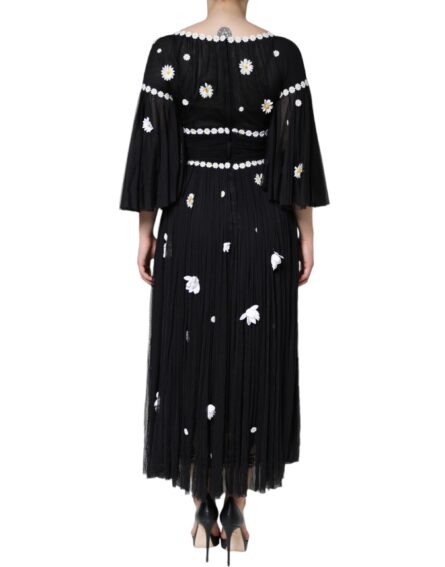 Black Silk Daisy A-line Long Maxi Dress - Image 4
