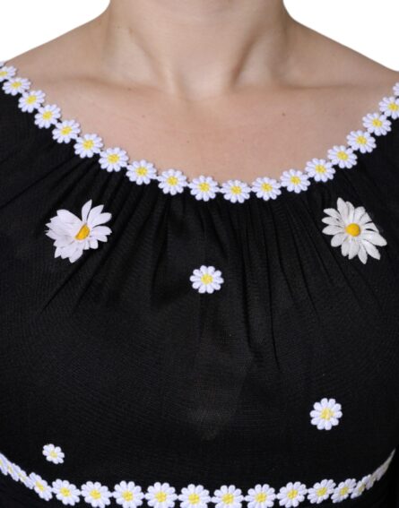 Black Silk Daisy A-line Long Maxi Dress - Image 5