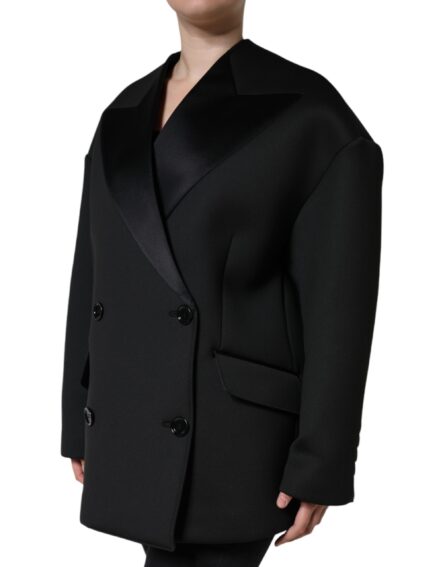 Black Polyester Double Breasted Coat Jacket - Image 3