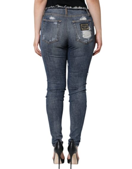Blue Cotton Stretch Tattered Skinny Jeans - Image 4
