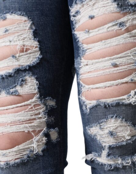 Blue Cotton Stretch Tattered Skinny Jeans - Image 5
