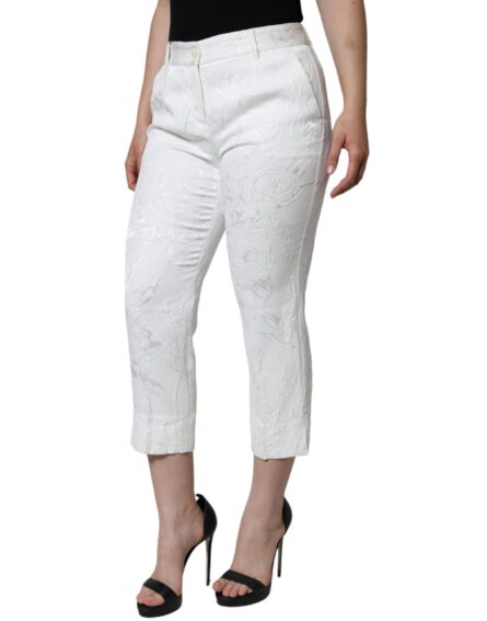 White Floral Brocade Cotton Cropped Pants - Image 3