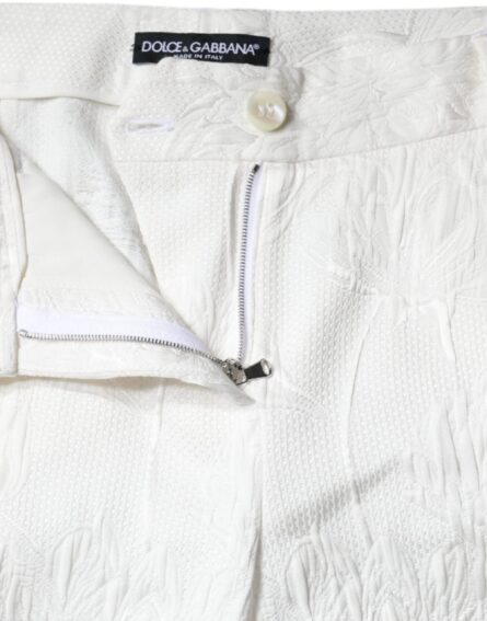 White Floral Brocade Cotton Cropped Pants - Image 6