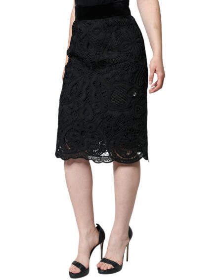 Black Floral Lace High Waist Pencil Cut Skirt - Image 3