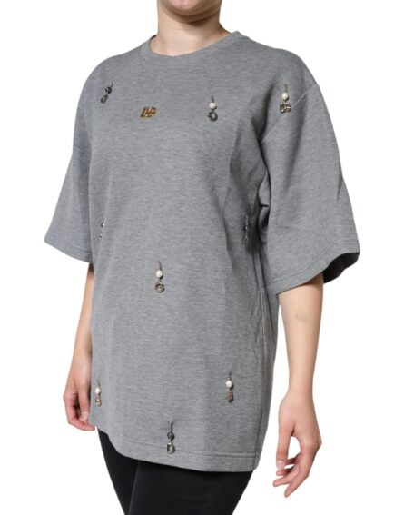 Gray Cotton Blend Embellished Tee T-shirt - Image 3