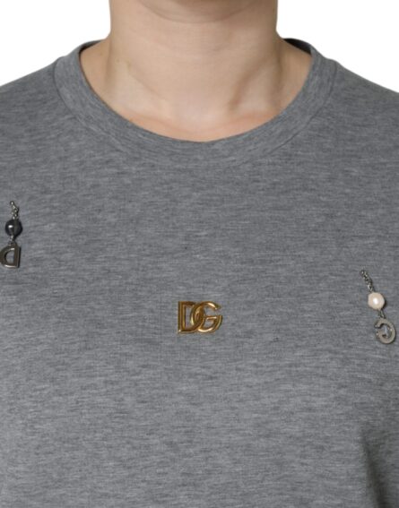 Gray Cotton Blend Embellished Tee T-shirt - Image 5