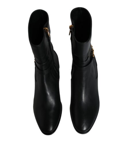 Black Leather Logo Mid Calf Boots Shoes - Image 2