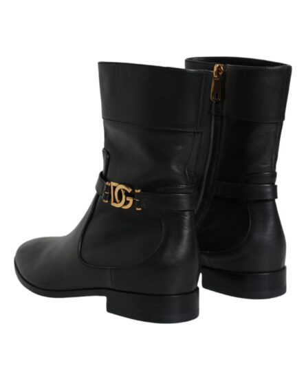 Black Leather Logo Mid Calf Boots Shoes - Image 4