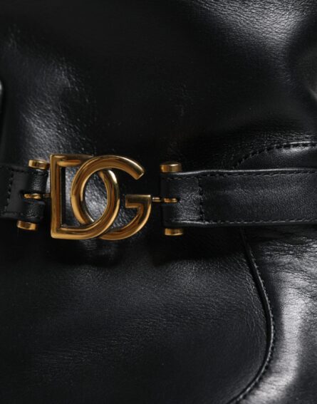 Black Leather Logo Mid Calf Boots Shoes - Image 5
