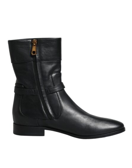 Black Leather Logo Mid Calf Boots Shoes - Image 7