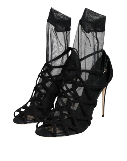 Black Tulle Stretch Heels Sandals Shoes - Image 2