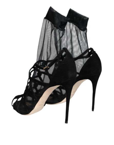 Black Tulle Stretch Heels Sandals Shoes - Image 3