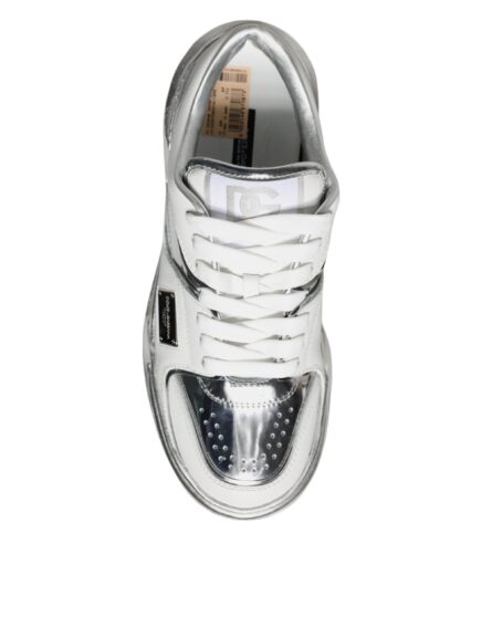 White Silver Leather Low Top Sneakers Shoes - Image 5