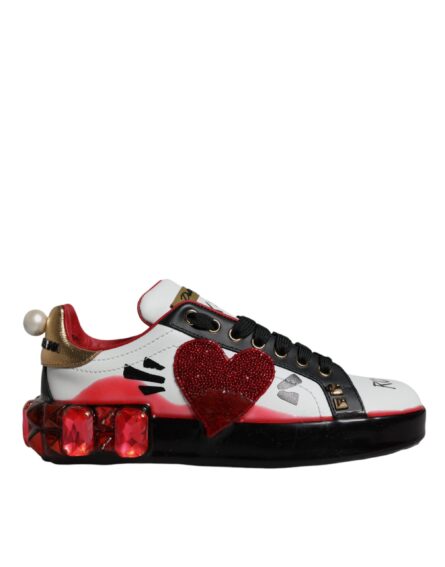 White Red Crystals Leather Portofino Sneakers Shoes - Image 8
