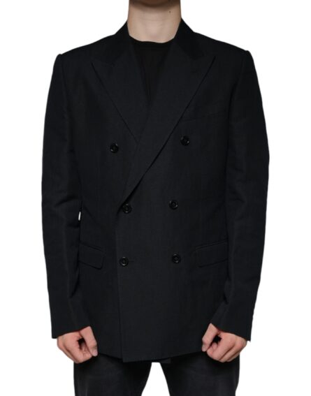 Black Linen Double Breasted Dress Blazer - Image 2