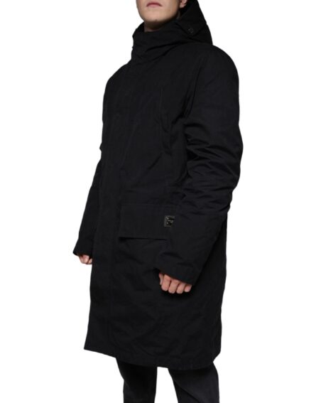 Black Hooded Parka Cotton Trench Coat Jacket - Image 3