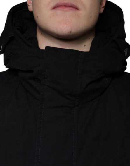 Black Hooded Parka Cotton Trench Coat Jacket - Image 5