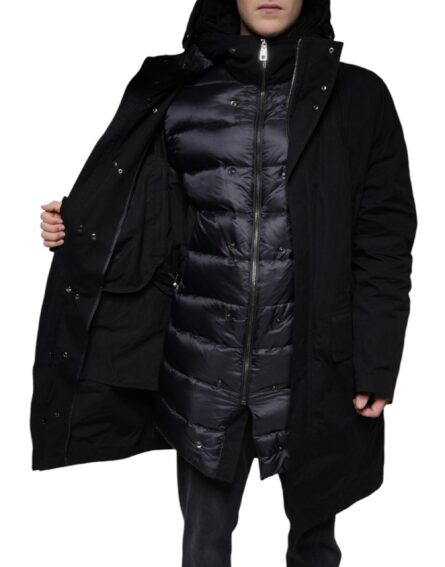 Black Hooded Parka Cotton Trench Coat Jacket - Image 7