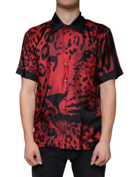 Red Leopard Silk Button Down Casual Shirt - Image 2