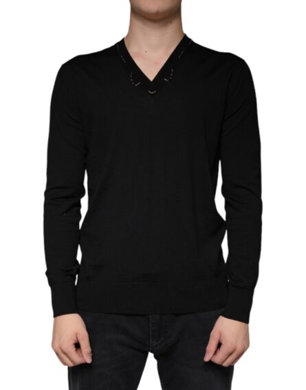 Black Embellished V-neck Pullover Sweater - Image 2