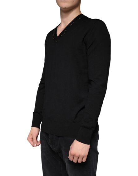 Black Embellished V-neck Pullover Sweater - Image 3