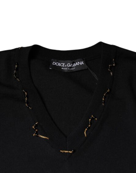Black Embellished V-neck Pullover Sweater - Image 7