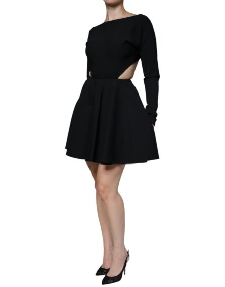 Black Viscose Cut Out A-line Long Sleeves Mini Dress - Image 3