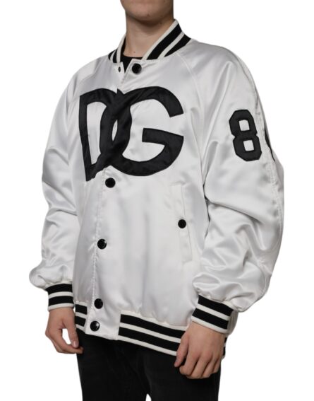 White Polyester Logo Full Zip Bomber Jacket - Image 3