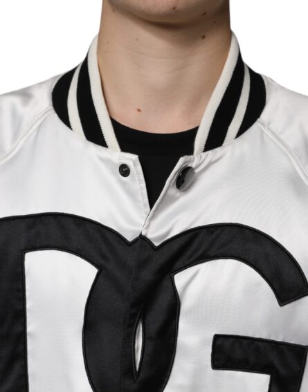 White Polyester Logo Full Zip Bomber Jacket - Image 5