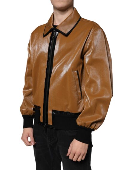 Brown Leather Full Zip Men Bomber Jacket - Image 3