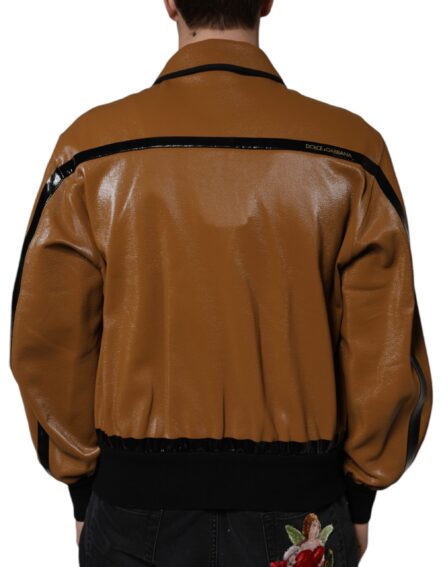 Brown Leather Full Zip Men Bomber Jacket - Image 4