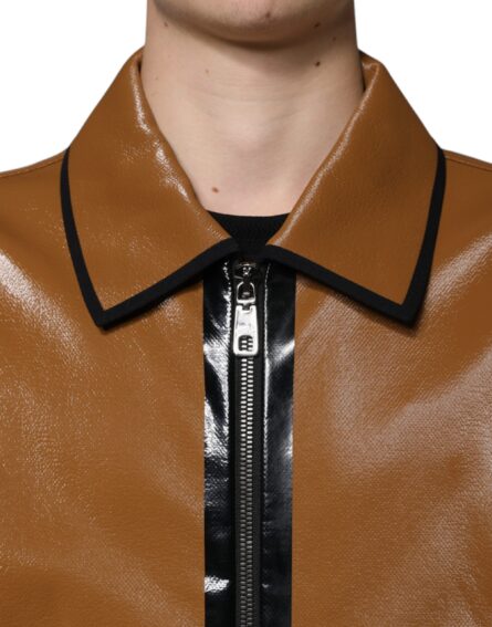 Brown Leather Full Zip Men Bomber Jacket - Image 5