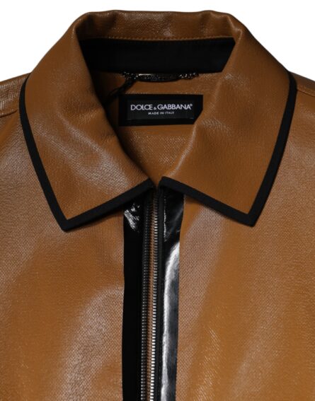 Brown Leather Full Zip Men Bomber Jacket - Image 8