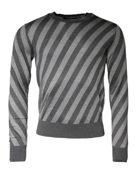 Gray Stripes Long Sleeve Round Neck Pullover Sweater - Image 2