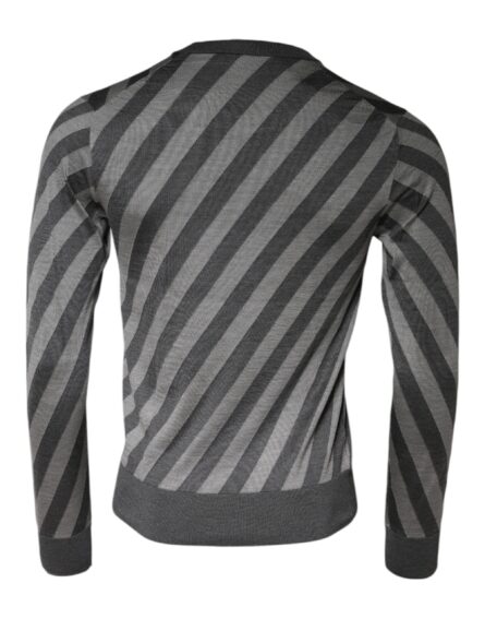Gray Stripes Long Sleeve Round Neck Pullover Sweater - Image 5