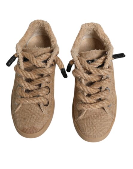 Brown Jute Fabric Low Top Men Sneakers Shoes - Image 2