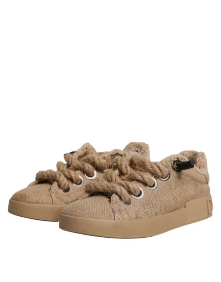 Brown Jute Fabric Low Top Men Sneakers Shoes - Image 3