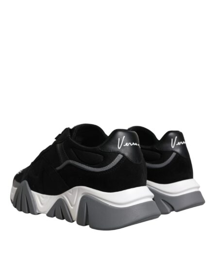 Black Leather Neoprene Chunky Low Top Sneakers Squalo Shoes - Image 3