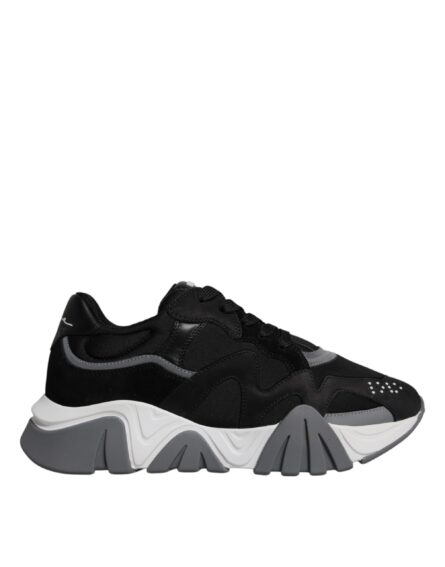 Black Leather Neoprene Chunky Low Top Sneakers Squalo Shoes - Image 6