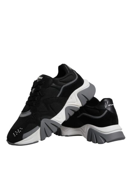 Black Leather Neoprene Chunky Low Top Sneakers Squalo Shoes - Image 8