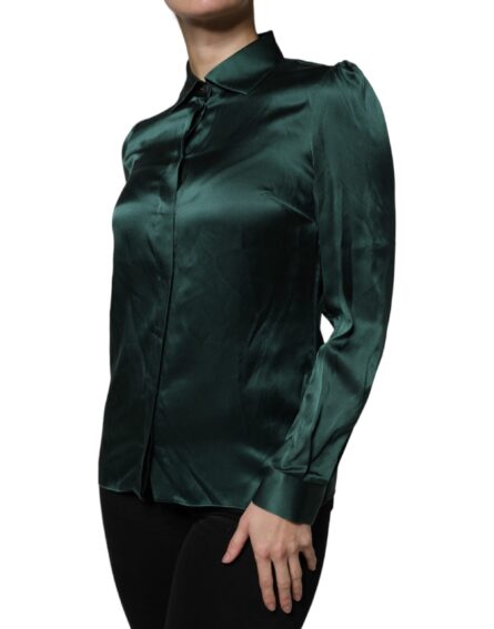 Dark Green Silk Button Down Long Sleeves Blouse Top - Image 3