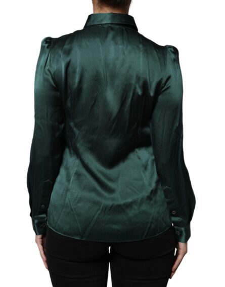 Dark Green Silk Button Down Long Sleeves Blouse Top - Image 4